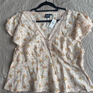 GAP Cream Floral Blouse with Lace Trim